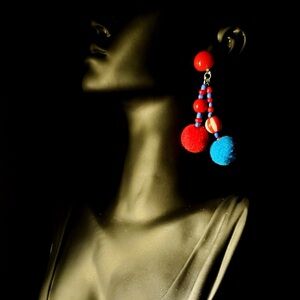 Tribal Handmade Red Blue Colorful Flurry Ball-Shaped Beaded Silver Earrings